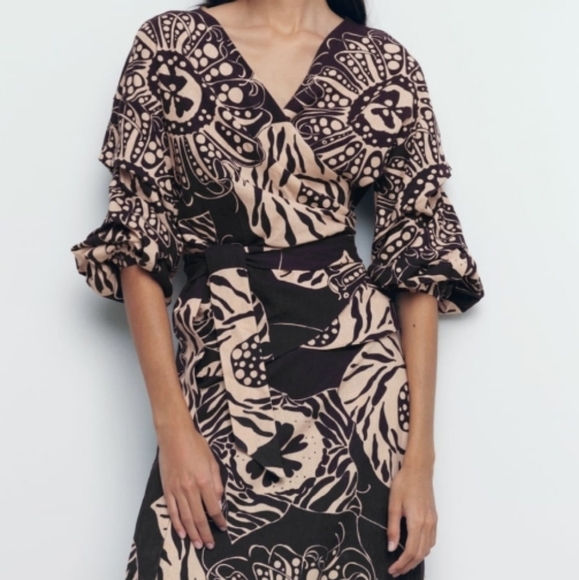 Zara printed linen Blend Wrap Style top - Picture 1 of 7